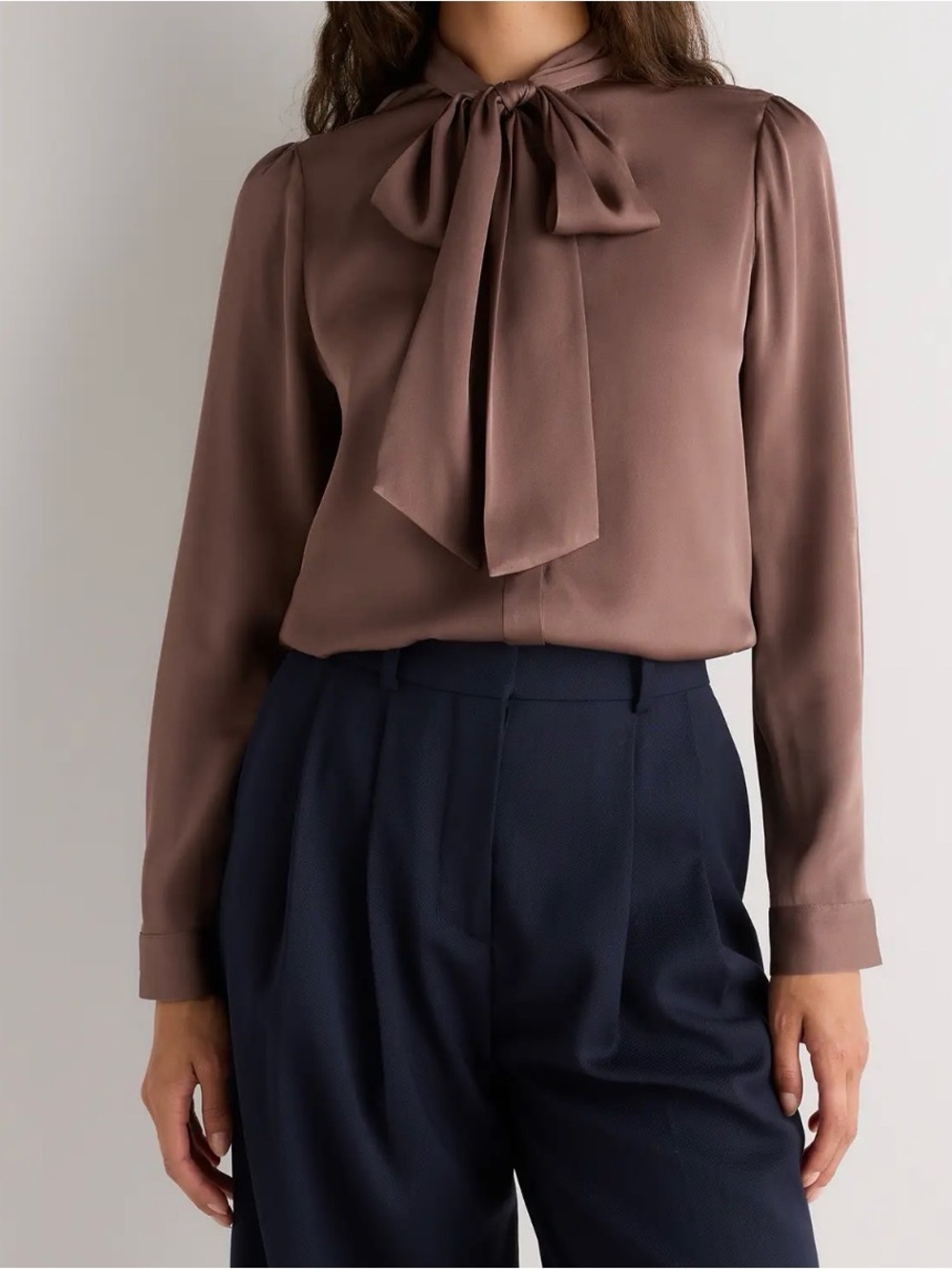 Quince Washable Silk Tie Neck Blouse Long Sleeve XS Brown Hot Fudge